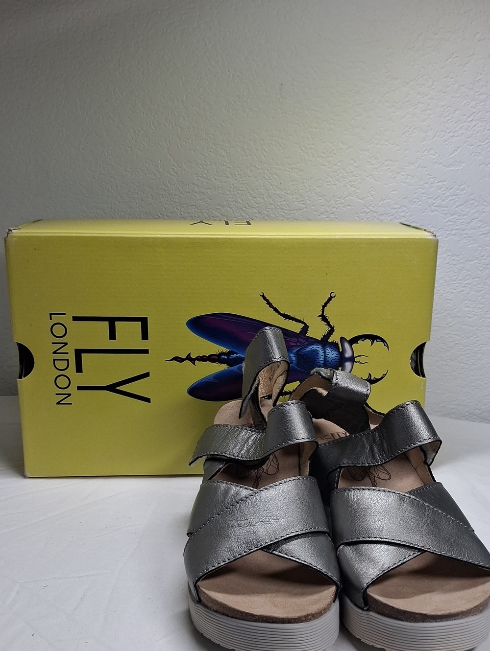 FLY London Silver Metallic Cross-Strap Sandals